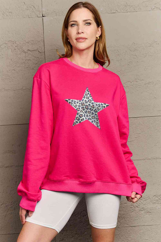 Simply Love Full Size Leopard Star Graphic Sweatshirt BLUE ZONE PLANET