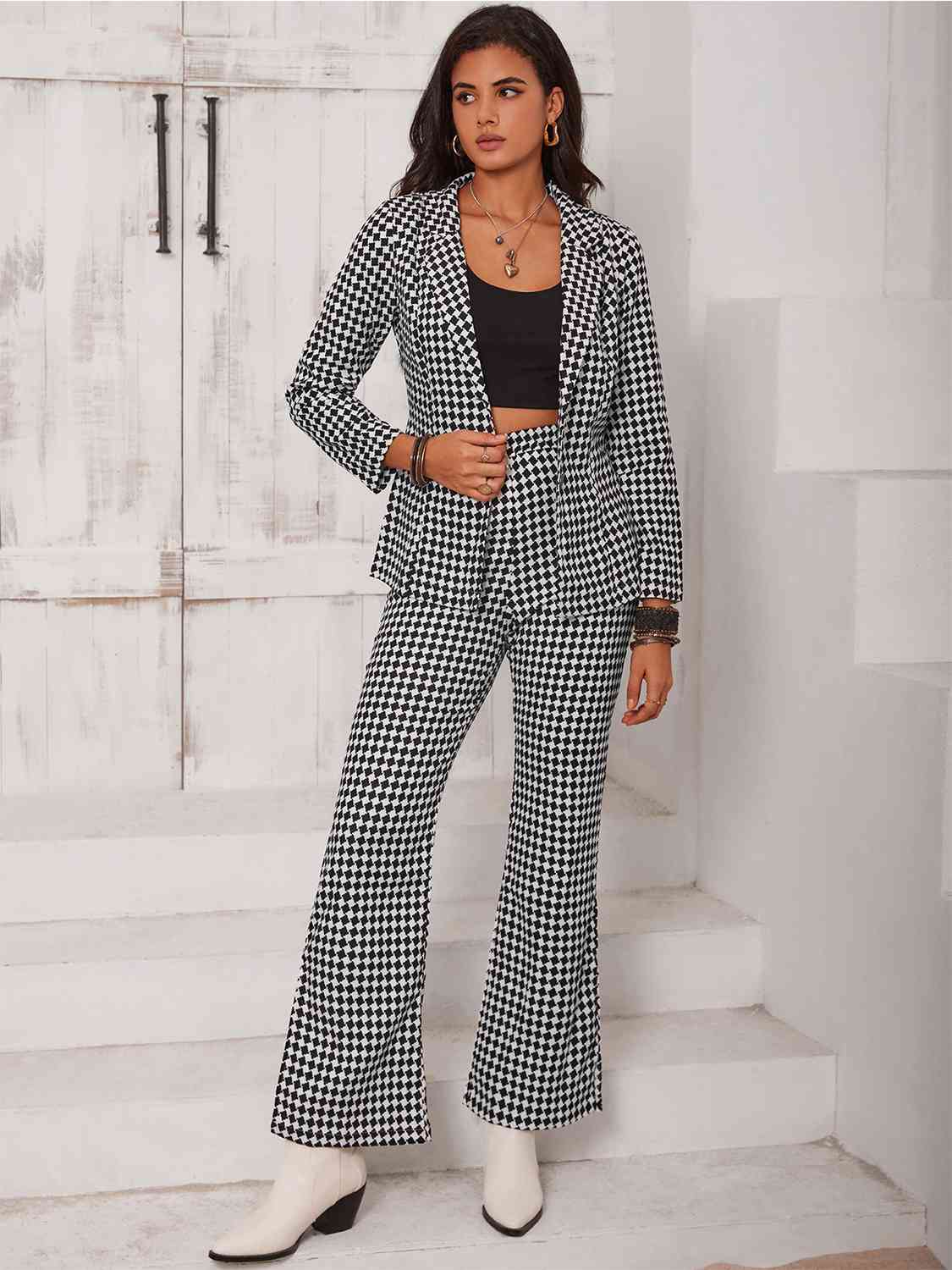 Checkered Blazer & Slit Pants Set BLUE ZONE PLANET