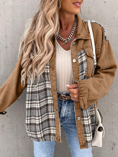 Plaid Button Up Dropped Shoulder Jacket BLUE ZONE PLANET