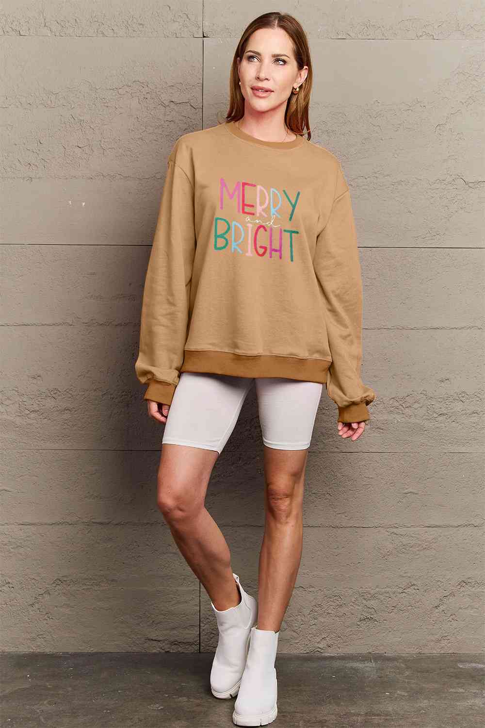 Simply Love Full Size MERRY AND BRIGHT Graphic Sweatshirt BLUE ZONE PLANET