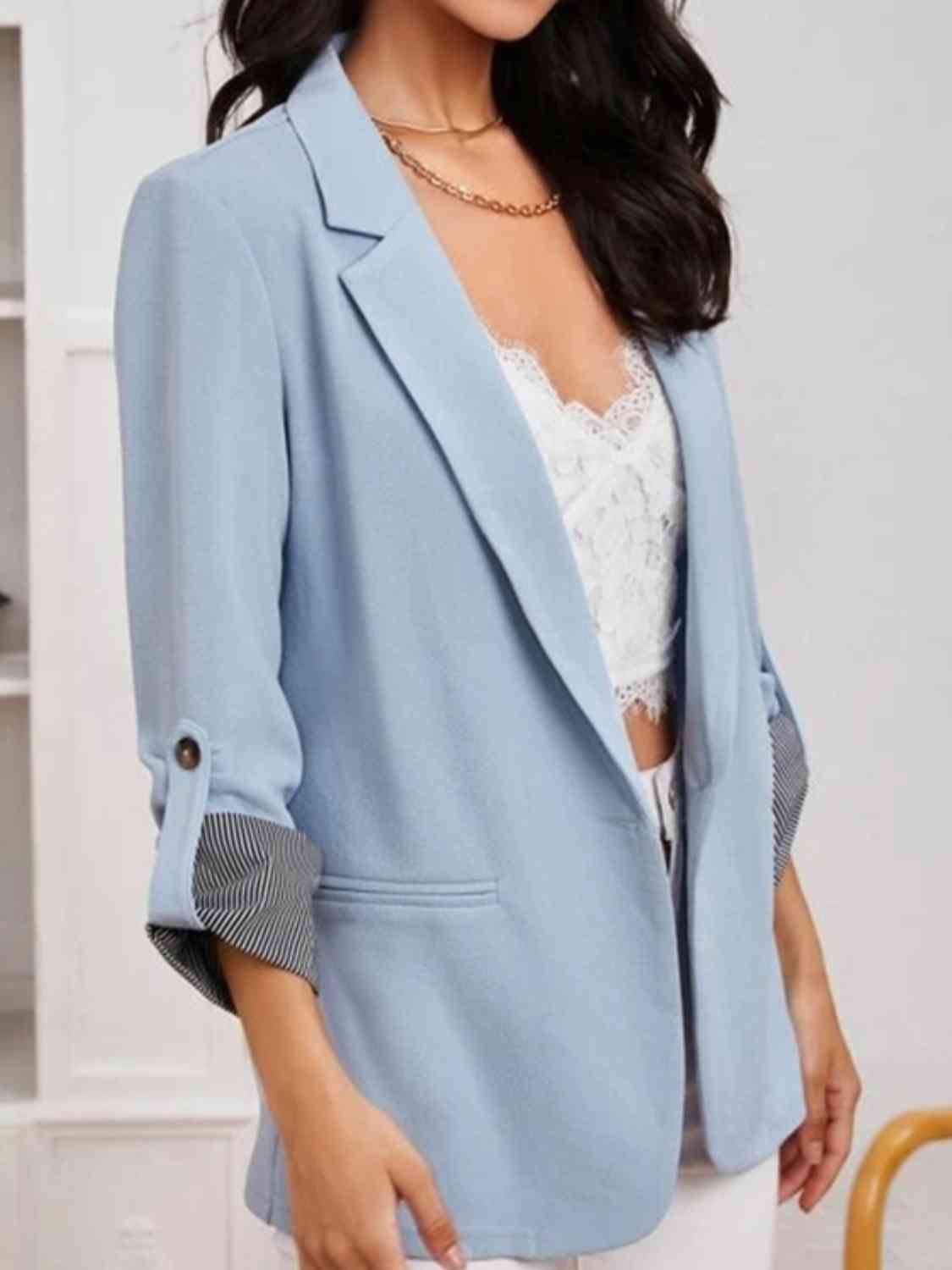 Lapel Collar Roll-Tab Sleeve Blazer BLUE ZONE PLANET