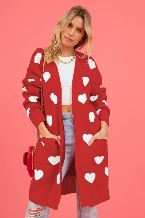 Heart Graphic Open Front Cardigan with Pockets BLUE ZONE PLANET