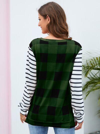 Plaid Striped Round Neck Long Sleeve T-Shirt-TOPS / DRESSES-[Adult]-[Female]-2022 Online Blue Zone Planet