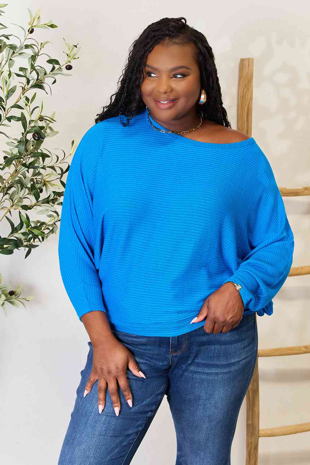 Zenana Full Size Round Neck Batwing Sleeve Blouse BLUE ZONE PLANET