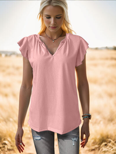 Ruffled Notched Cap Sleeve Tank Trendsi