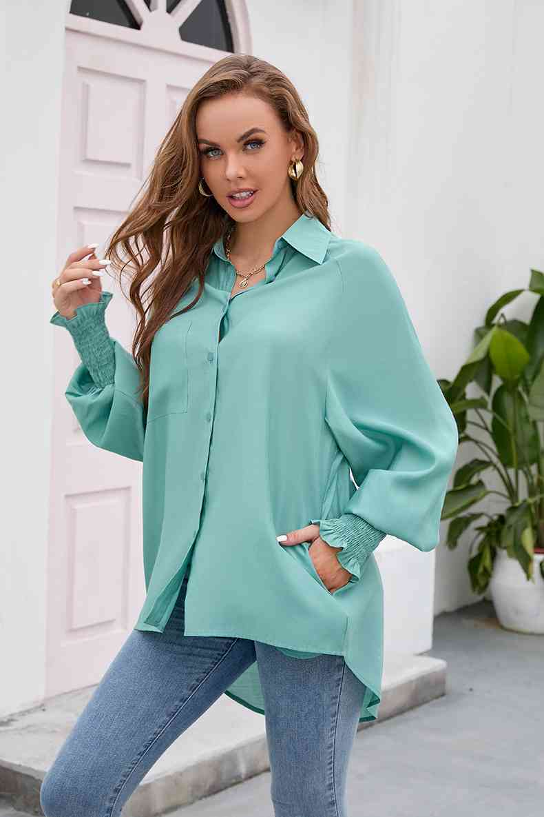 High-Low Collared Neck Lantern Sleeve Shirt BLUE ZONE PLANET