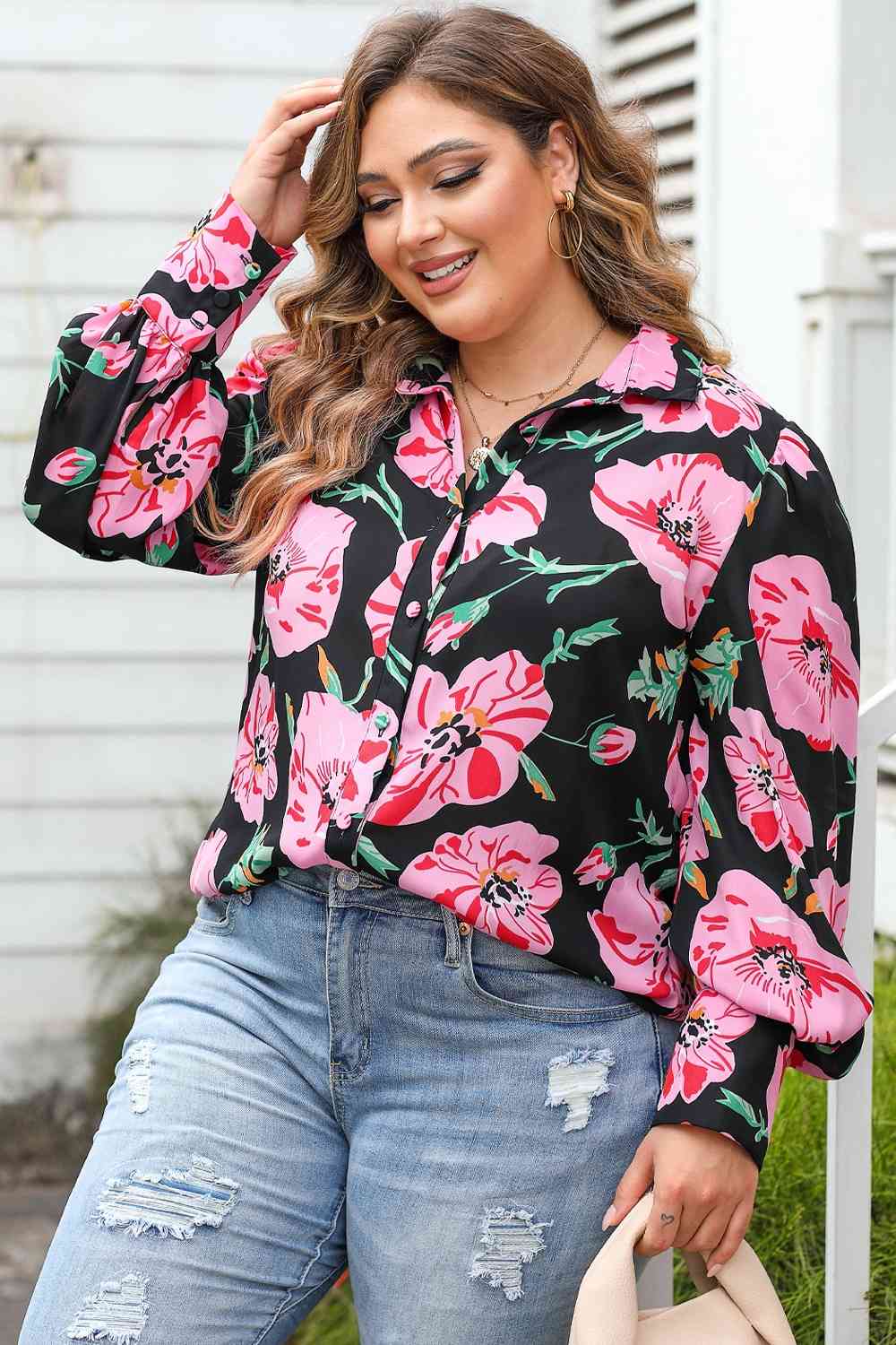 Plus Size Printed Collared Neck Long Sleeve Shirt BLUE ZONE PLANET