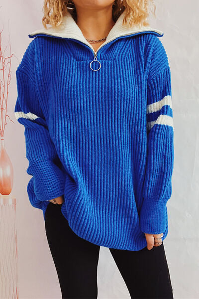 Quarter Zip Striped Dropped Shoulder Sweater Trendsi