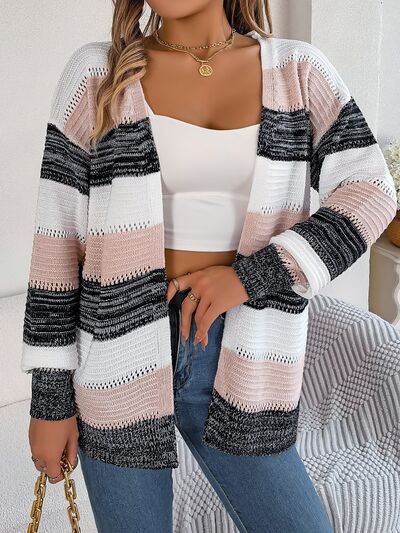 Openwork Striped Open Front Cardigan BLUE ZONE PLANET