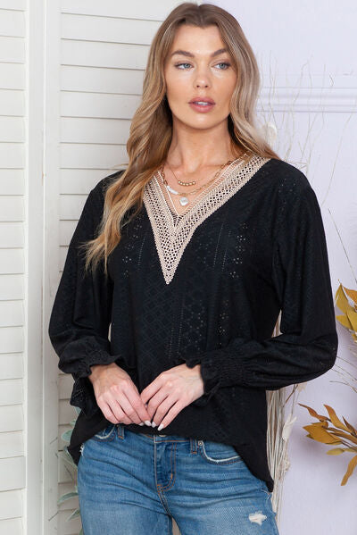 Eyelet V-Neck Flounce Sleeve Blouse Trendsi