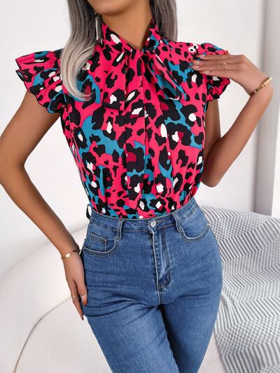 Leopard Tie Neck Cap Sleeve Blouse BLUE ZONE PLANET