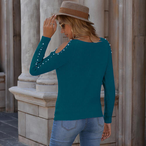 Pearl Patchwork Cold Shoulder Sweater BLUE ZONE PLANET