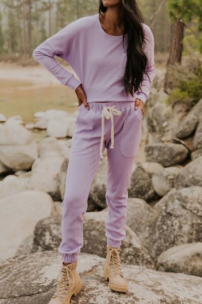 Waffle Knit Long Sleeve Top and Drawstring Pants Set Trendsi