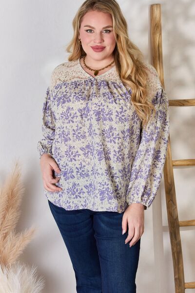 Hailey & Co Full Size Lace Detail Printed Blouse Trendsi