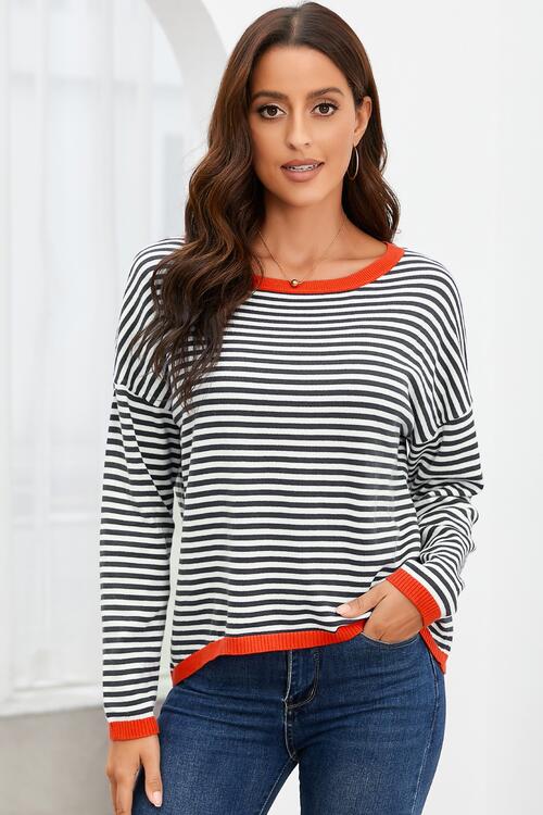 Striped Round Neck Drop Shoulder T-Shirt BLUE ZONE PLANET