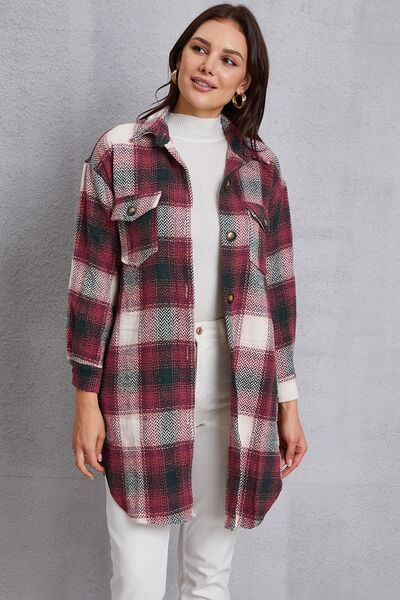 Plaid Button Up Dropped Shoulder Coat with Pockets-TOPS / DRESSES-[Adult]-[Female]-Deep Rose-S-2022 Online Blue Zone Planet
