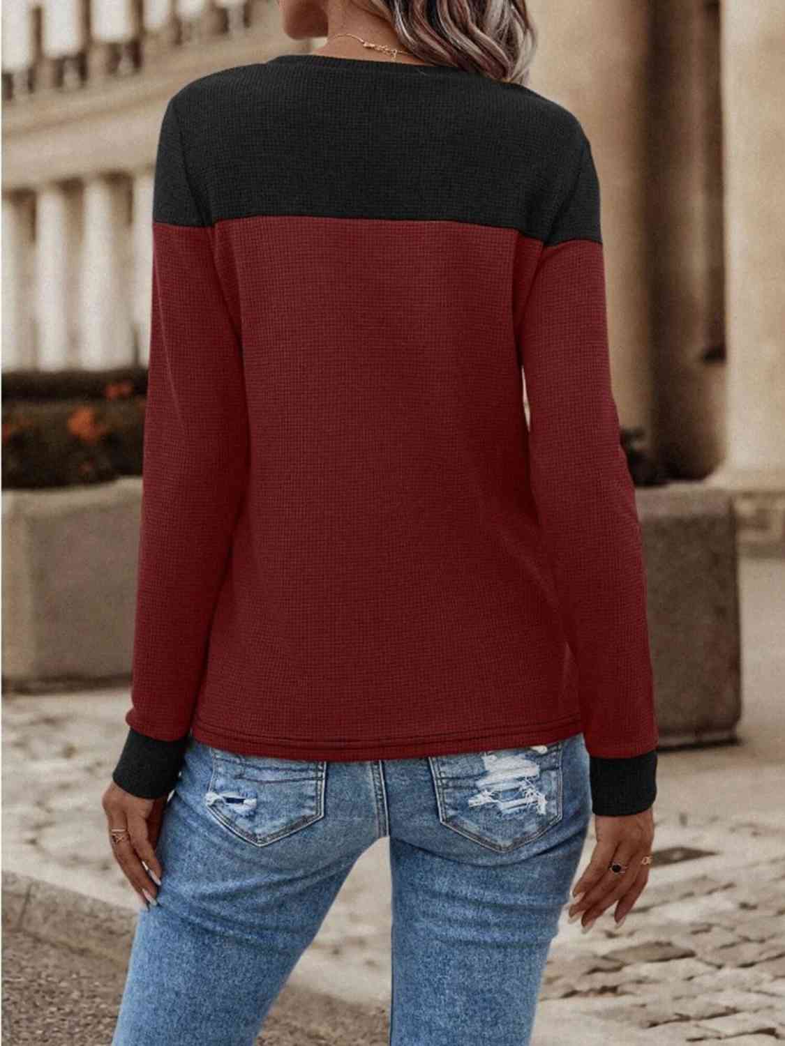 Contrast Buttoned Round Neck Long Sleeve T-Shirt BLUE ZONE PLANET