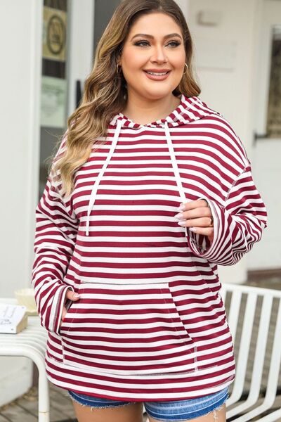 Plus Size Drawstring Striped Dropped Shoulder Hoodie Trendsi