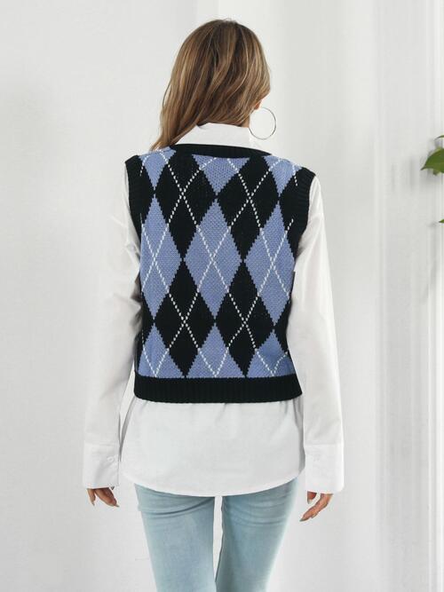 Skull Geometric V-Neck Sweater Vest BLUE ZONE PLANET