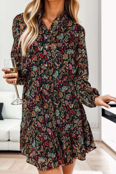 Printed Notched Long Sleeve Dress BLUE ZONE PLANET
