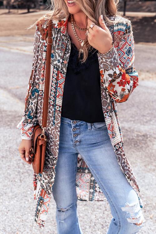 Printed Open Front Collared Neck Cardigan BLUE ZONE PLANET