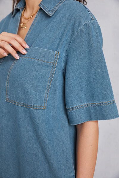 Pocketed Collared Neck Mini Denim Dress-TOPS / DRESSES-[Adult]-[Female]-2022 Online Blue Zone Planet