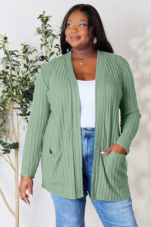 Basic Bae Full Size Ribbed Open Front Cardigan with Pockets BLUE ZONE PLANET