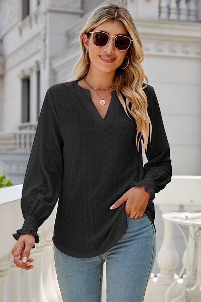 Eyelet Notched Lantern Sleeve T-Shirt Trendsi