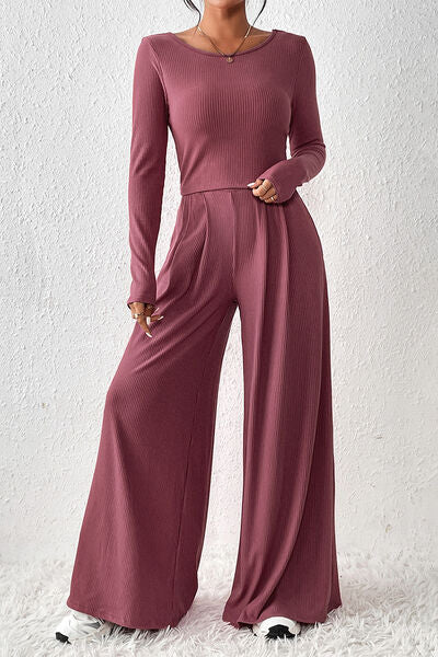 Ribbed Round Neck Top and Wide-Leg Pants Set Trendsi