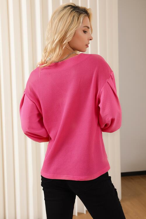 Waffle -Knit V-Neck Long Sleeve Blouse BLUE ZONE PLANET