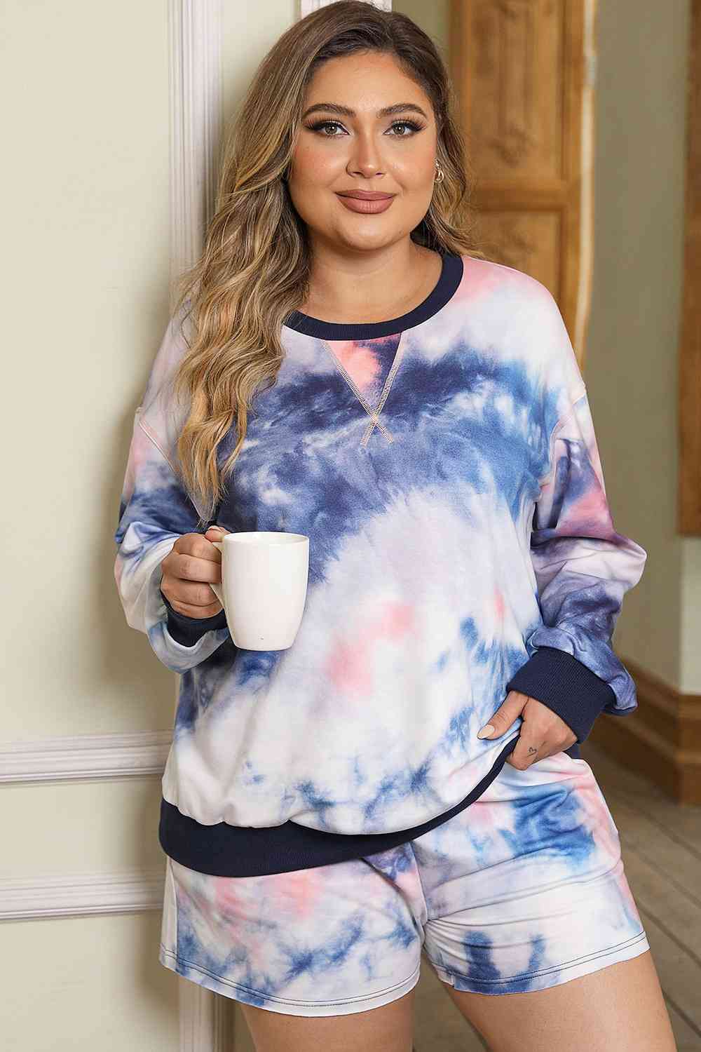 Plus Size Tie-Dye Long Sleeve Top and Shorts Set BLUE ZONE PLANET