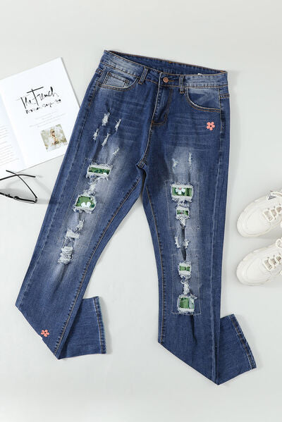 Blue Zone Planet |  Distressed Buttoned Jeans with Pockets BLUE ZONE PLANET