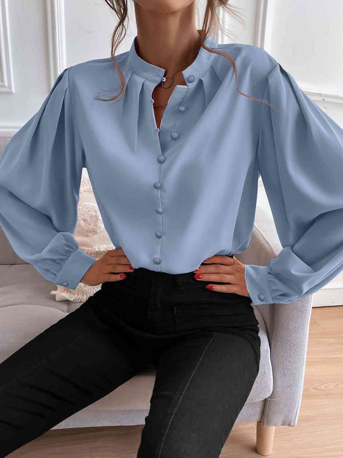 Mock Neck Button Front Shirt BLUE ZONE PLANET