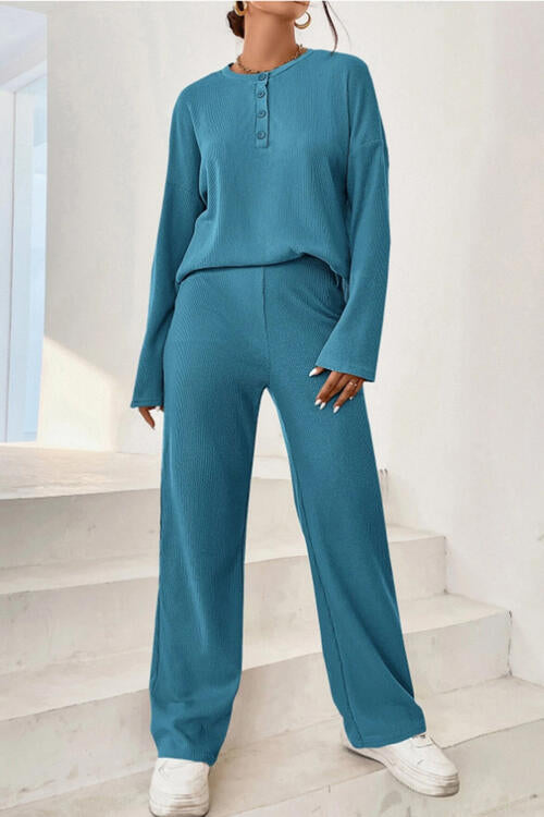 Ribbed Half Button Top and Pants Set BLUE ZONE PLANET