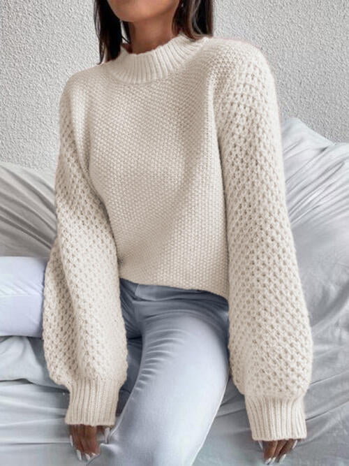 Openwork Mock Neck Long Sleeve Sweater BLUE ZONE PLANET