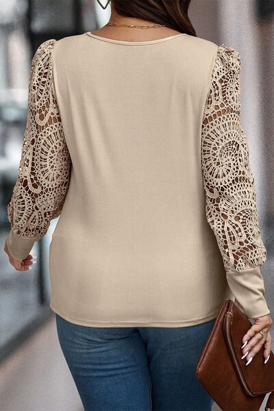Plus Size Openwork Scoop Neck Long Sleeve Blouse BLUE ZONE PLANET