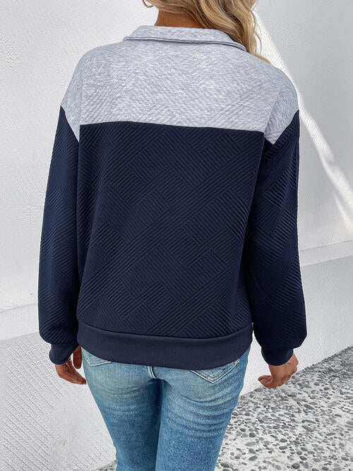 Textured Contrast Half Button Sweatshirt BLUE ZONE PLANET