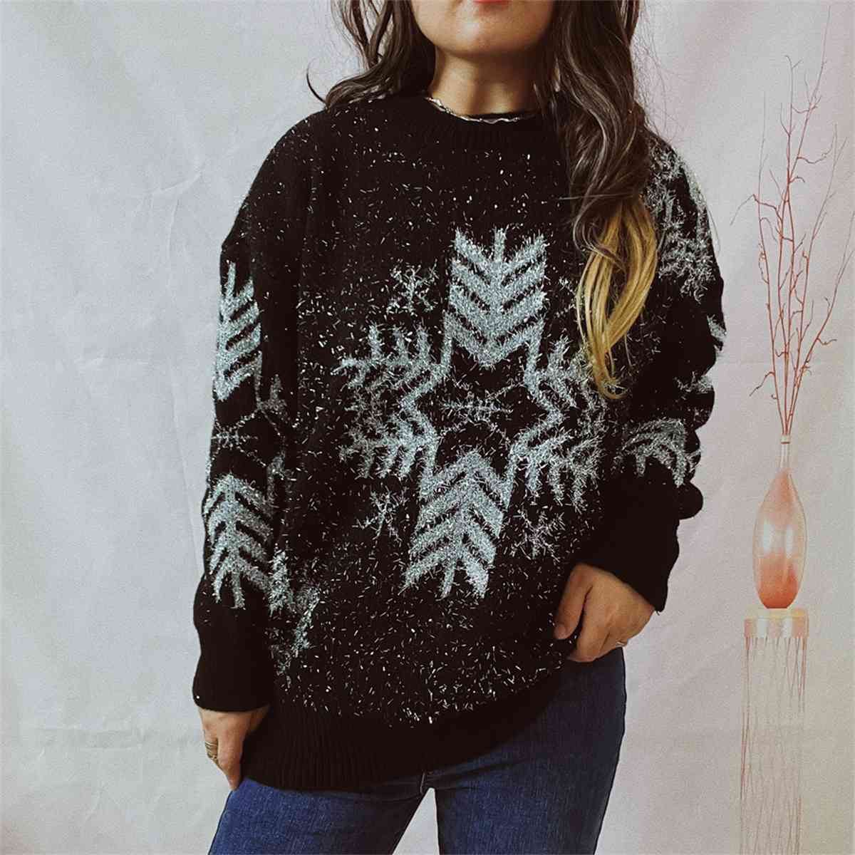 Snowflake Pattern Long Sleeve Sweater BLUE ZONE PLANET