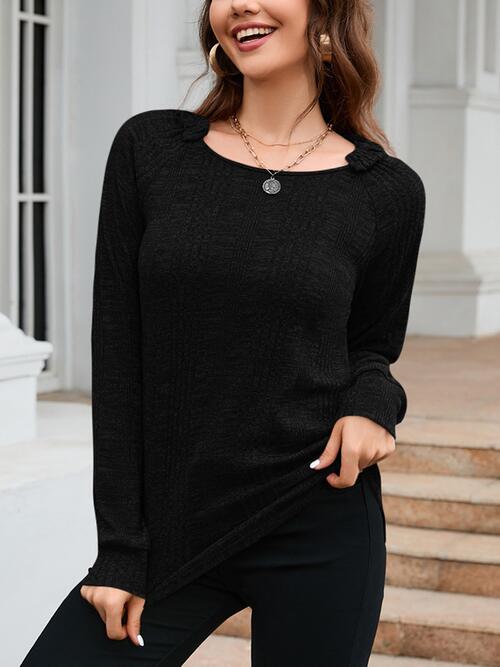 Texture Round Neck Long Sleeve Knit Top BLUE ZONE PLANET