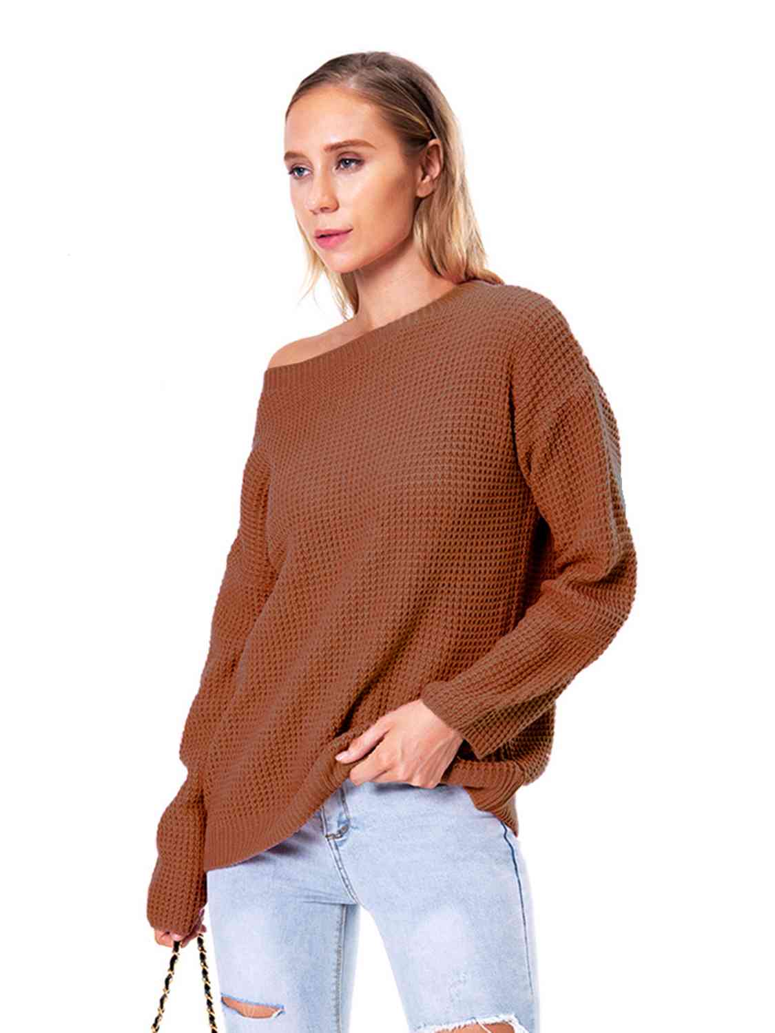 Boat Neck Drop Shoulder Long Sleeve Sweater BLUE ZONE PLANET