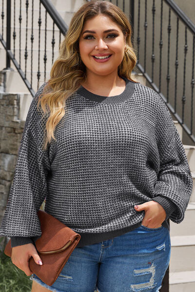Plus Size Waffle-Knit Round Neck Dropped Shoulder Sweater-TOPS / DRESSES-[Adult]-[Female]-Charcoal-1XL-2022 Online Blue Zone Planet