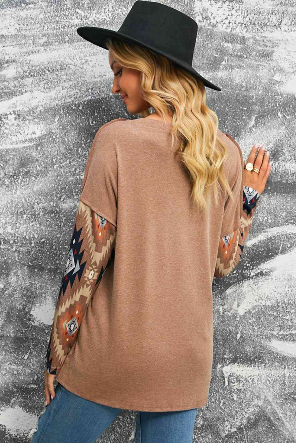 Brown Western Print Buttoned V Neck Top BLUE ZONE PLANET