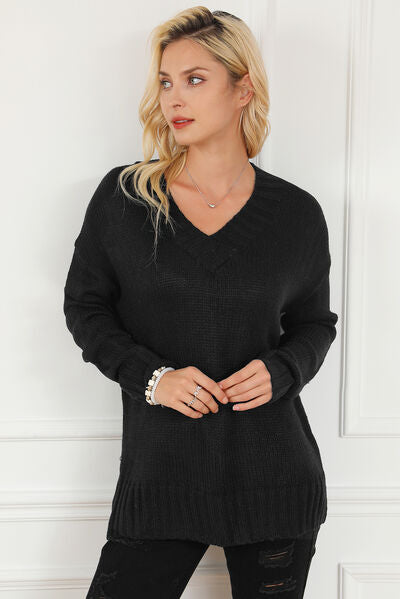 V-Neck Dropped Shoulder Sweater-TOPS / DRESSES-[Adult]-[Female]-2022 Online Blue Zone Planet