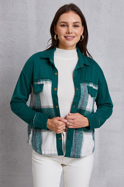 Plaid Snap Down Pocketed Dropped Shoulder Jacket-TOPS / DRESSES-[Adult]-[Female]-2022 Online Blue Zone Planet