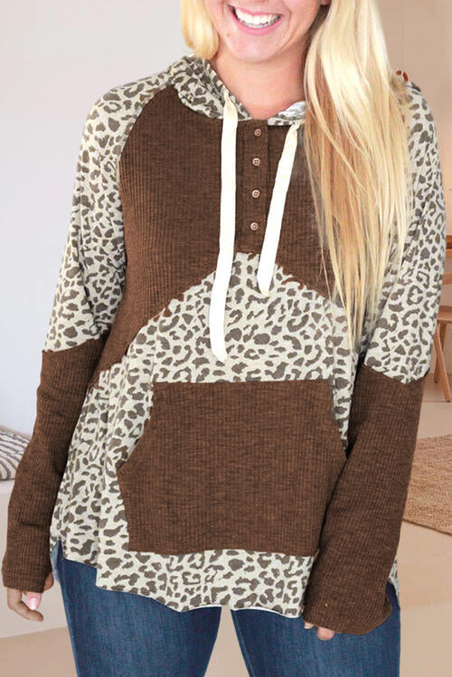 Drawstring Leopard Long Sleeve Hoodie BLUE ZONE PLANET