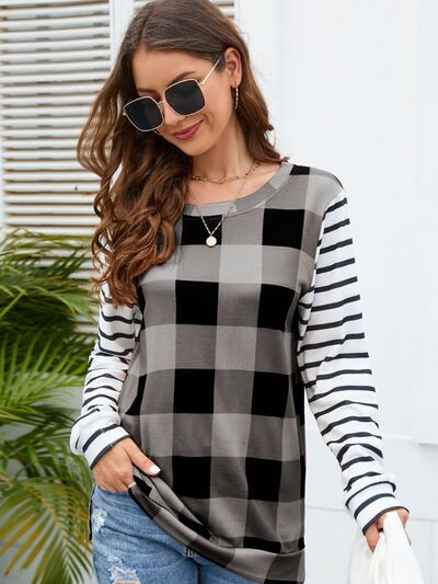 Plaid Striped Round Neck Long Sleeve T-Shirt-TOPS / DRESSES-[Adult]-[Female]-2022 Online Blue Zone Planet