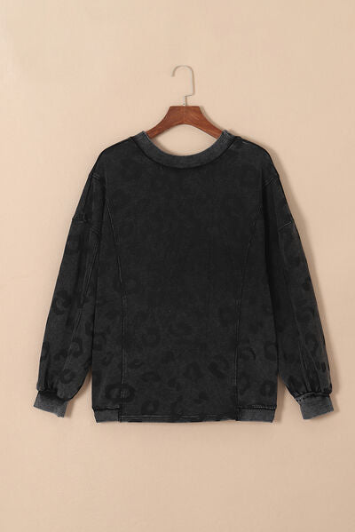 Blue Zone Planet |  Leopard Round Neck Dropped Shoulder Sweatshirt BLUE ZONE PLANET