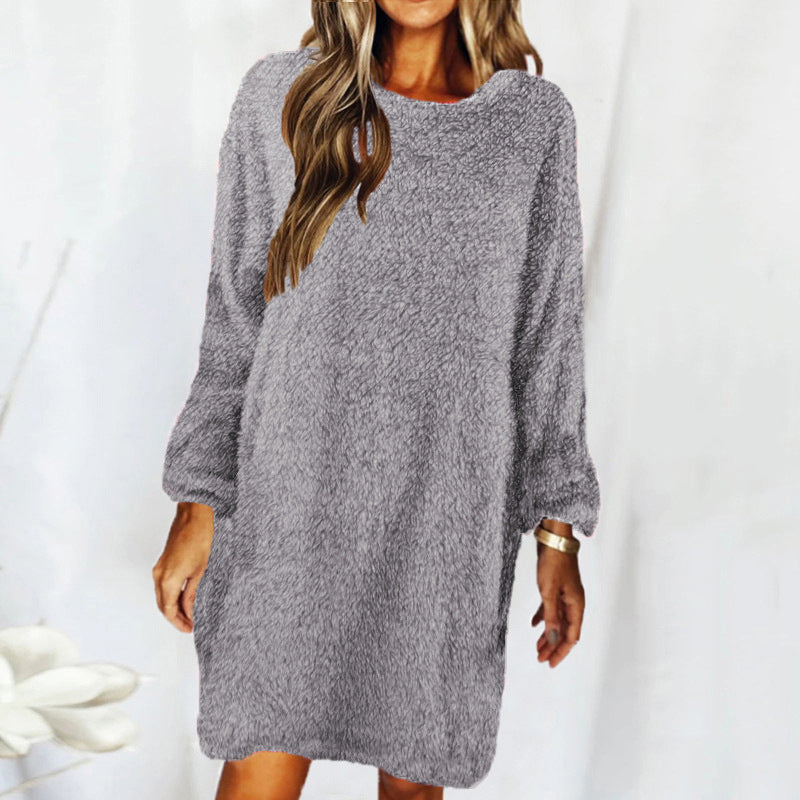 Blue Zone Planet |  Autumn Winter Loose Long Sleeved Plush Dress kakaclo