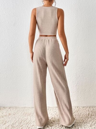 Ribbed Round Neck Tank and Pants Sweater Set Trendsi