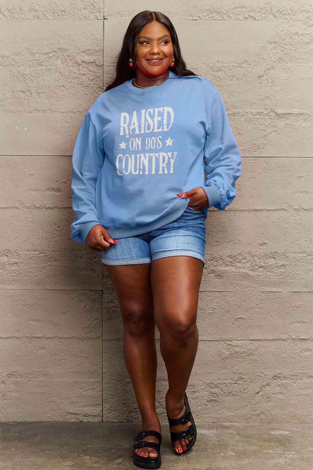 Simply Love Full Size RAISED ON 90'S COUNTRY Graphic Sweatshirt BLUE ZONE PLANET